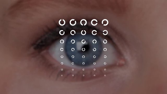 Animation von einem Sehtest mit Landoltring, mit blauem Auge einer Frau. Bestimmung des Visus, Sehst&auml;rke beim Optiker oder Augenarzt in der Ophtalmologie