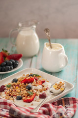 breakfast granola yogurt, strawberry, blueberries, raspberries on a white plate. on a blue table board with a towel	