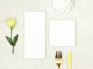 Mockup wedding menu and thank you card on grey background