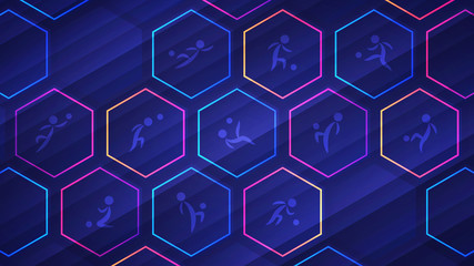 Blue soccer background with glowing neon hexagon cells and soccer player icons © Lawkeeper