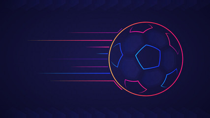 Abstract glowing neon colored soccer ball over blue background