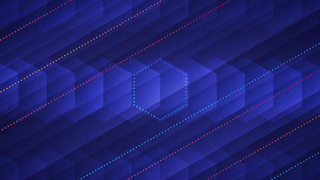 Abstract light background with transparent hexagons and neon colored dotted lines