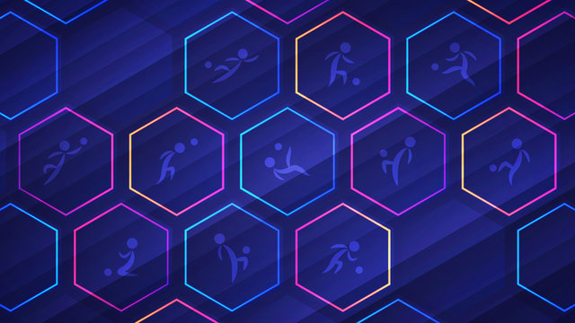 Blue Soccer Background With Glowing Neon Hexagon Cells And Soccer Player Icons