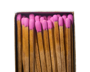 Matches in box isolated on a white background. Macro close-up shot.