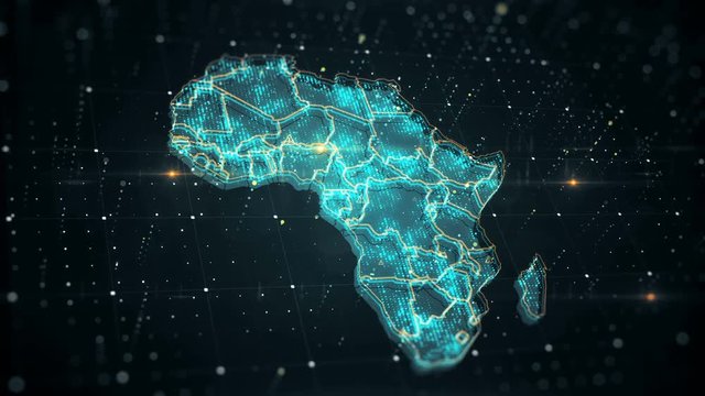 The futuristic high-tech video with a map of the Africa glowing in different colors while danger icon signs flash all over the country.