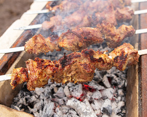 Meat on skewers roasted over charcoal