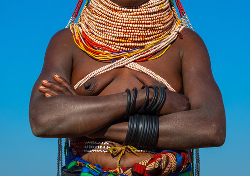 Handa tribe woman with huge beaded necklaces, Huila Province, Hoque, Angola