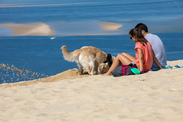Couple and Golden Retriever on the Dune of Pilat, the tallest sand dune in Europe. La...