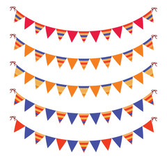 Set of garlands, triangular bright festive flags isolated on white background