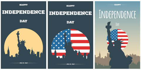 Naklejka premium Happy Independence Day USA set cards. Modern banners or flyers with silhouette of the Statue of Liberty and city skyline. Template background for American holidays. Ocean view of New-York city.