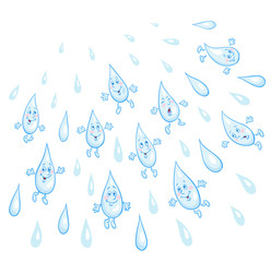 Funny rain. Cartoon droplets fall isolated on a white background. Vector illustration.