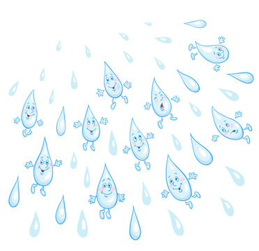 Funny rain. Cartoon droplets fall isolated on a white background. Vector illustration.