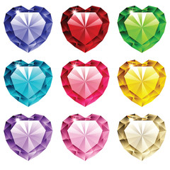 Heart shape crystals isolated on white background, set of gemstones, jewelry, diamonds, brilliants, vector illustration