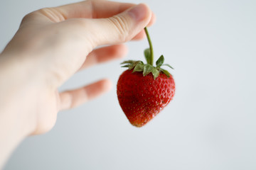  62 / 10000 АНГЛИЙСКИЙ Перевести вGoogleBing red big strawberry in hand on light background close-up