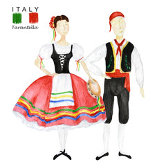 couple of dancers in national costume an Italian tarantella with a tambourine on white background. Woman and man dancer in  red folk costume Italy