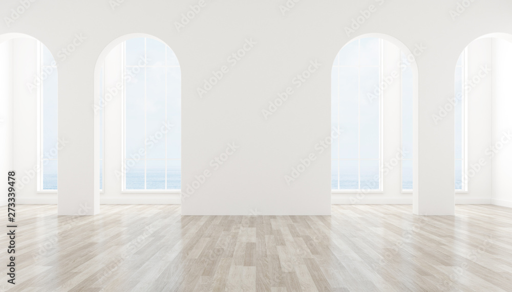 Poster view of interior space with arch window design on sea view background,blank space of architecture wi