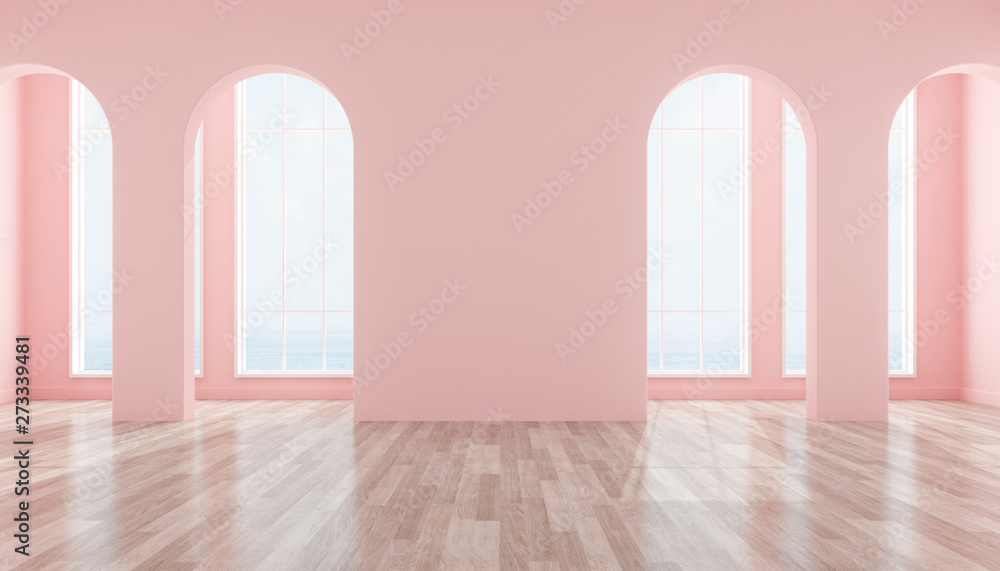 Aufkleber View of interior space with arch window design on sea view background,blank space of architecture with wood laminate floor. 3d rendering.