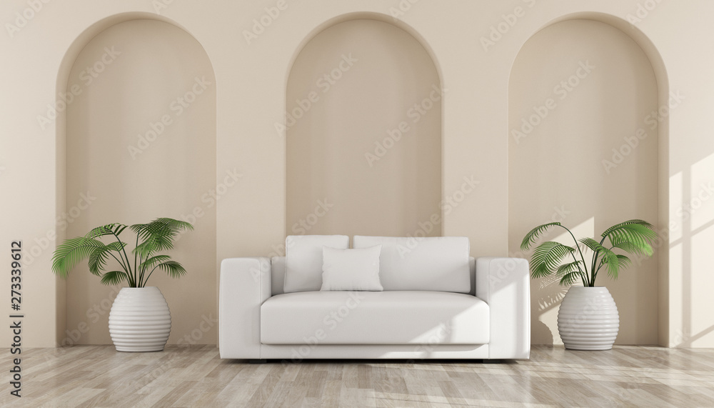 Poster view of living room in minimal style with arch wall design.room with plant in vase and sofa on paste
