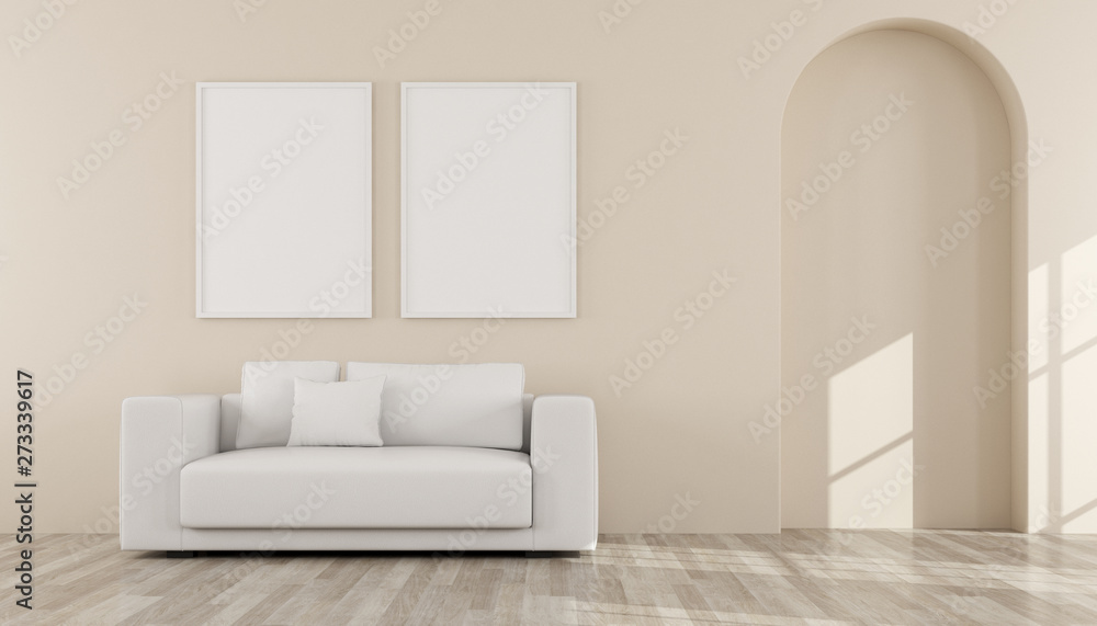 Aufkleber view of living room in minimal style with arch design.room with picture frame and sofa on pastel col