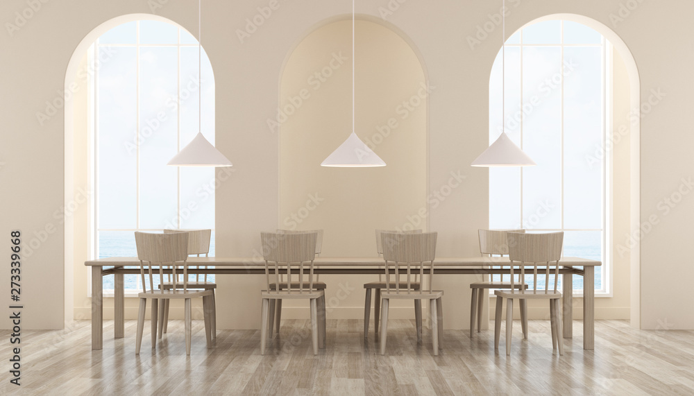 Poster view of sweet interior space with arch window on sea view background,dining room with table on lamin
