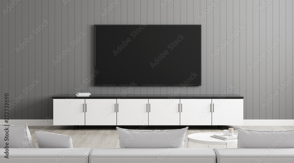 Poster view of living room in minimal style with television on grey laminate wall. mock-up idea of sitting 