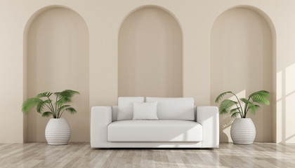 View of living room in minimal style with arch wall design.Room with plant in vase and sofa on pastel color wall background.3d rendering.	