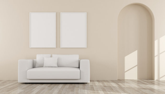 View of living room in minimal style with arch design.Room with picture frame and sofa on pastel color wall background.3d rendering.	