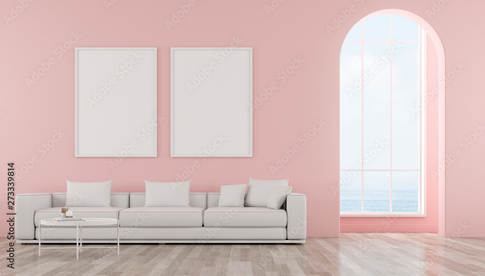 Aufkleber View of living room in minimal style with arch window design on sea view background.Room with picture frame and sofa on pastel color wall background. 3d rendering.	