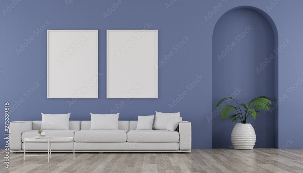 Poster view of living room in minimal style with arch design.room with picture frame and sofa on pastel col