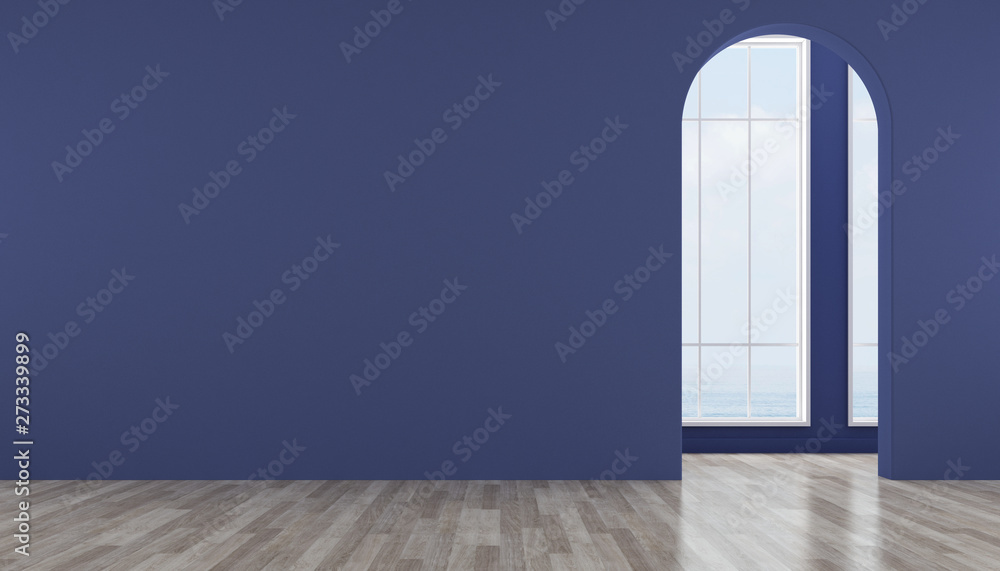 Fototapete view of interior space with arch window design on sea view background,blank space of architecture wi