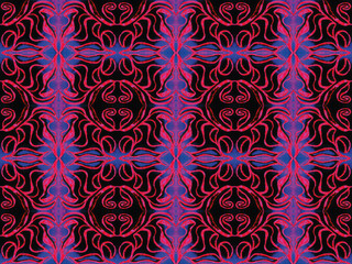 Seamless endless repeating multicolored vivid ornament of purple and pink onov on dark background