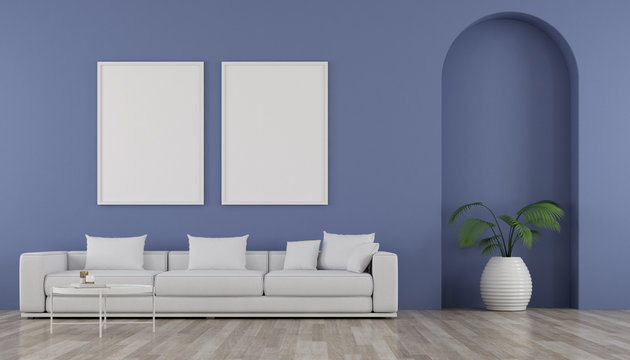View of living room in minimal style with arch design.Room with picture frame and sofa on pastel color wall background. 3d rendering.	