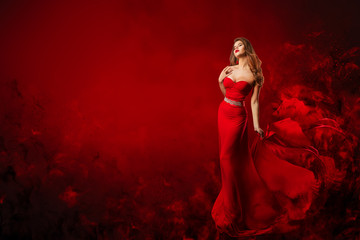 Beautiful Fashion Model in Red Dress, Woman Beauty Portrait, Elegant Lady in Long Sexy Gown