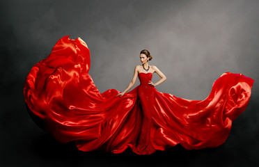 Woman Red Dress, Fashion Model in Long Silk Gown Waving Cloth on Wind, Flying Fluttering Fabric - obrazy, fototapety, plakaty