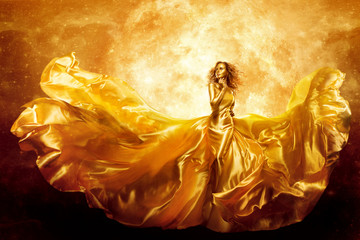 Fashion Model Gold Color Skin, Fantasy Woman Beauty in Artistic Waving Dress, Flying Silk Gown
