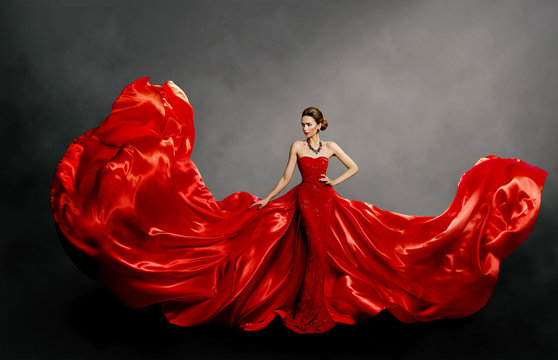 Woman Red Dress, Fashion Model in Long Silk Gown Waving Cloth on Wind, Flying Fluttering Fabric