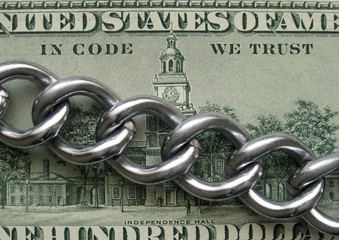 Real metal chain is on hundred Dollar banknote with changed inscription. It stands for safe,...
