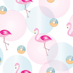 seamless pattern with flamingos and donuts vector 