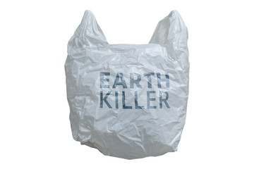 A plastic bag with inscription  "Earth Killer". Symbol of pollution of the planet with plastic trash. Isolated on white background