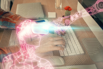 AR hologram with man working on computer on background. Augmented reality concept. Double exposure.