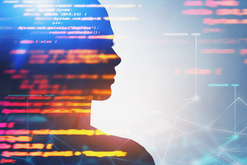 Woman head and lines of code, AI concept