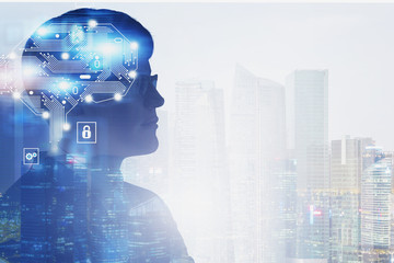 Businessman with AI brain in city