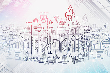 Business start up sketch in city sky