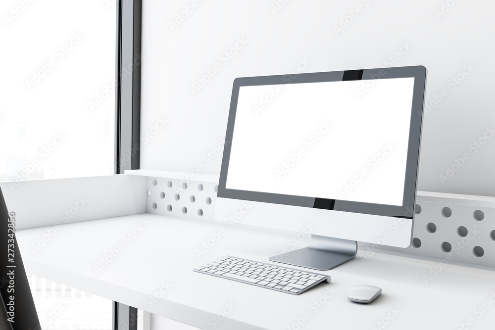 Poster mock up computer screen on white table