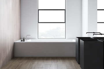 Loft white bathroom interior, tub and double sink