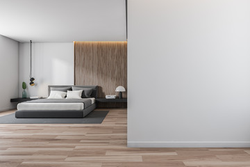 White and wooden bedroom with mock up wall