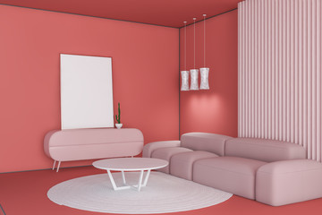 Red and pink living room corner with poster