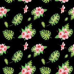 hand drawn watercolor floral tropical seamless pattern with green monstera leaves and pink hibiscus flowers on black  background. design for cloth, textille, wrapping, gift paper