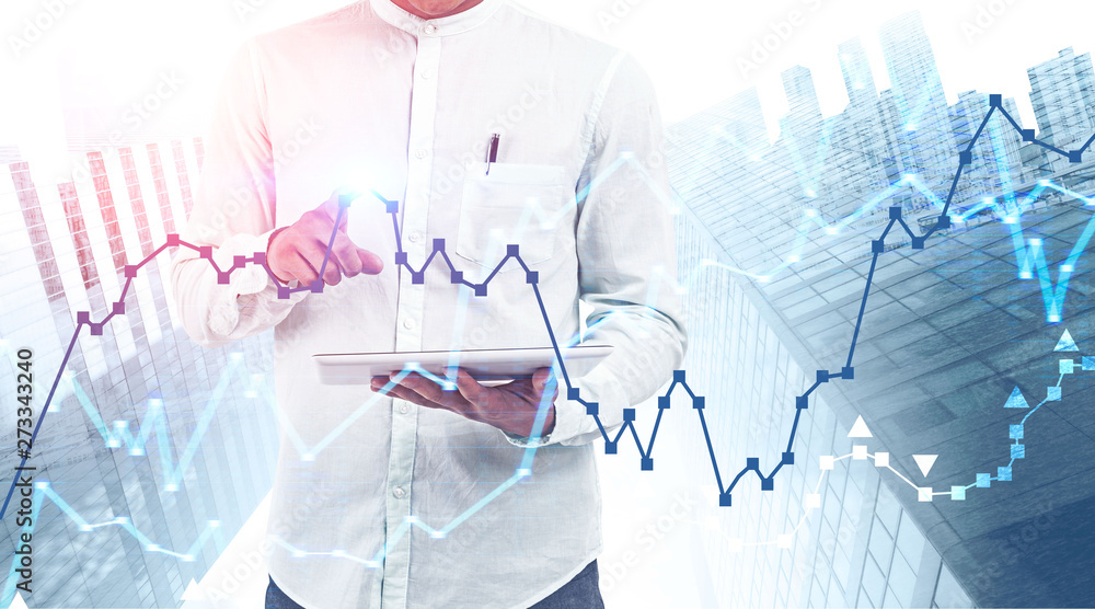 Poster man with tablet computer in city, digital graph