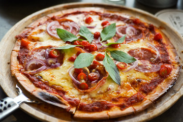 Pizza Close up Meat Tomato Sauce
